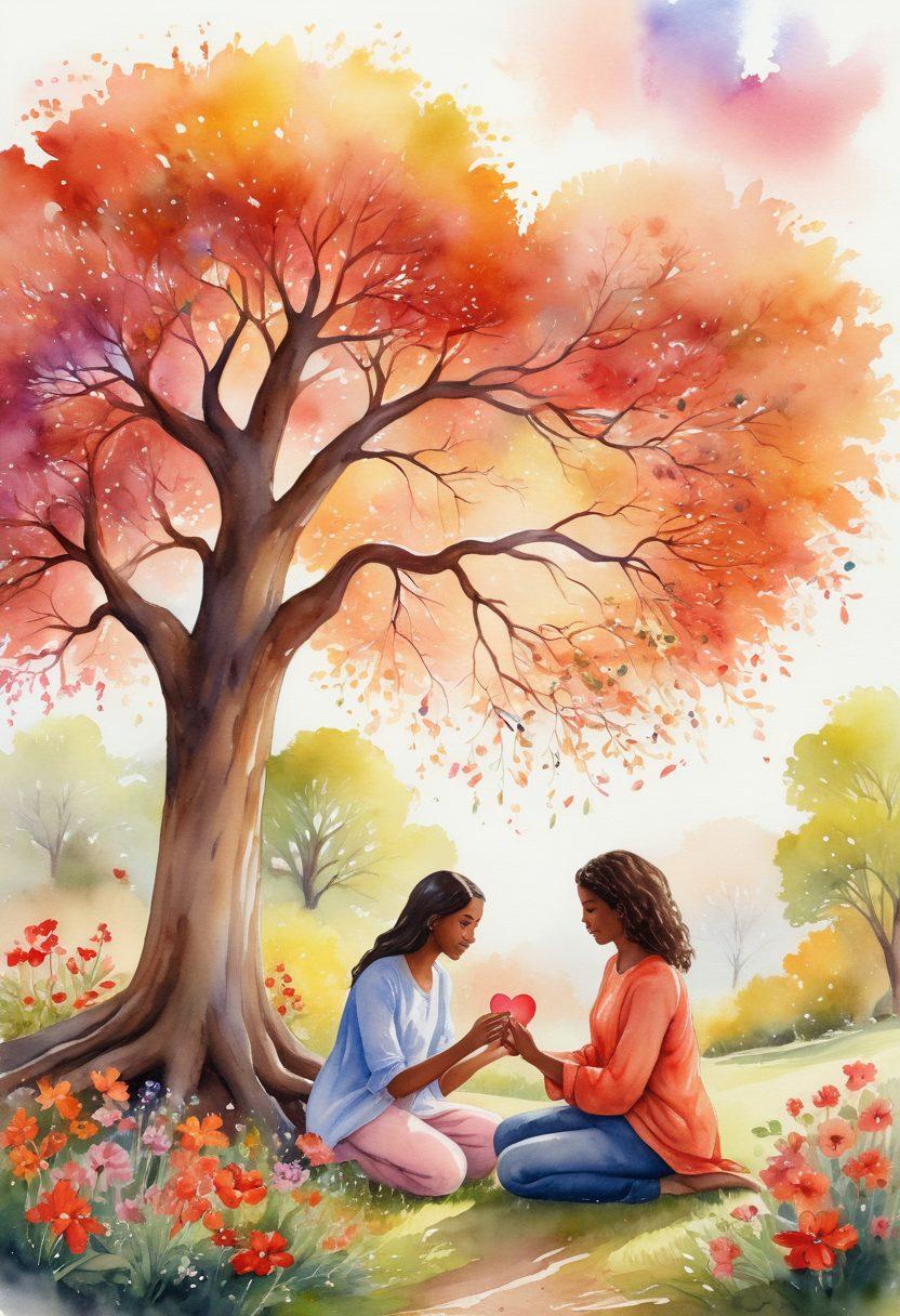 A serene scene depicting diverse individuals engaging in acts of kindness and love, surrounded by vibrant flowers symbolizing growth and compassion. In the background, a heart-shaped tree illustrates the theme of connection and devotion. Emphasize warm, inviting colors to evoke feelings of harmony and unity. Include soft light streaming through the branches for a touch of magic. watercolor painting. warm tones.