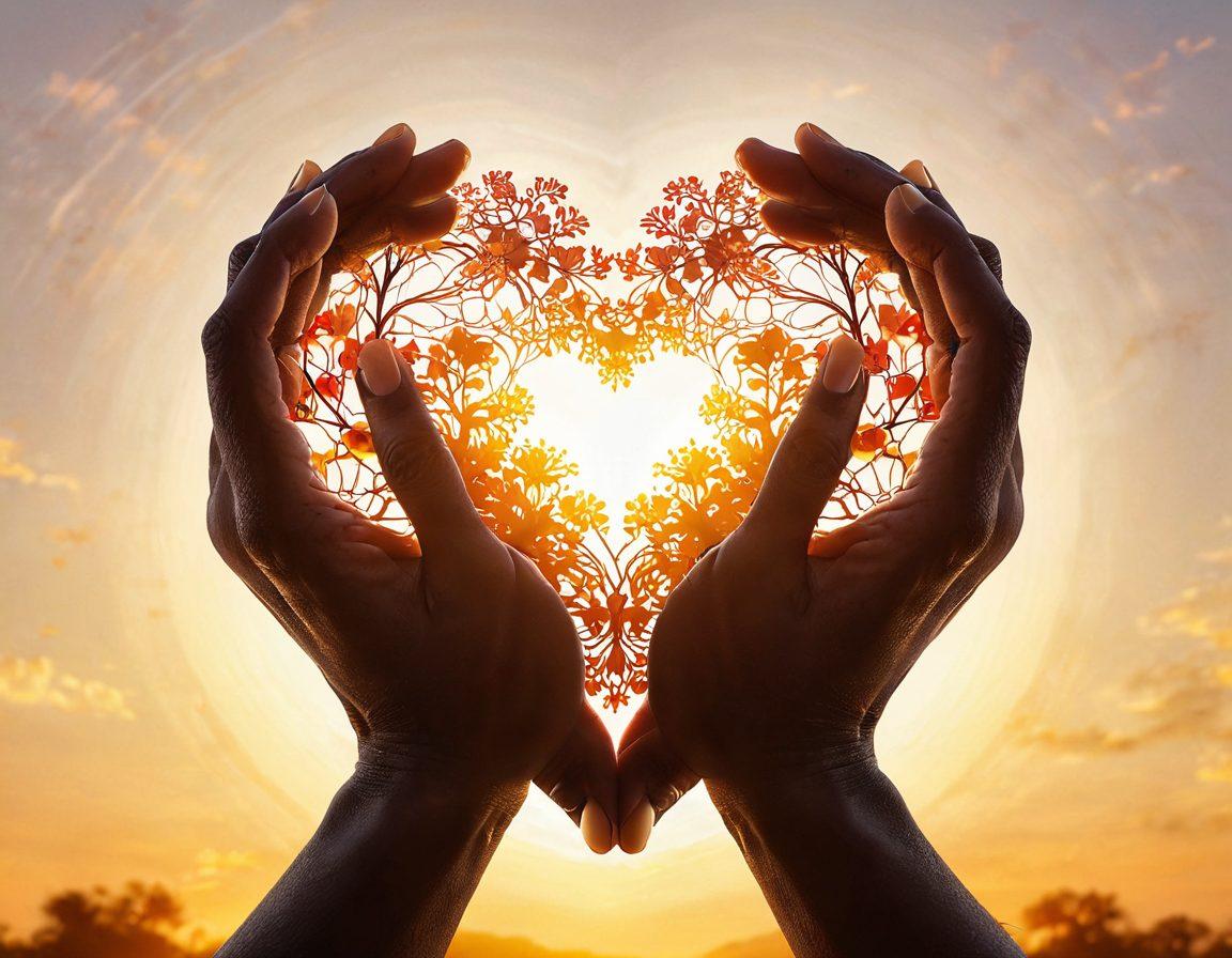 An intertwined pair of hands holding a blooming heart-shaped flower, symbolizing love and dedication. In the background, silhouettes of couples from diverse backgrounds connect through a golden glow, illustrating loyalty and strong connections. Soft, warm colors dominate the image, with gentle light rays filtering through, creating a romantic atmosphere. super-realistic. vibrant colors. warm tones.