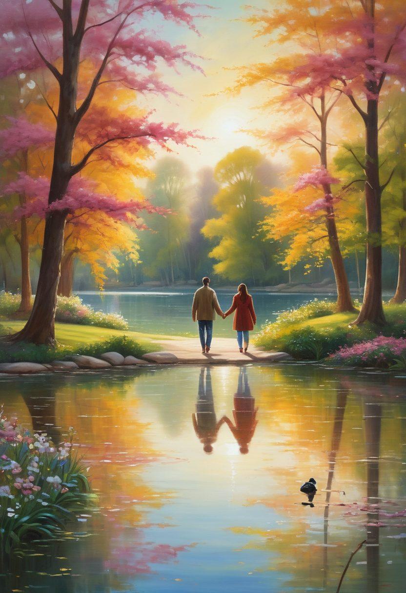 A warm, inviting scene depicting a couple walking hand-in-hand through a blossoming park, symbolizing the journey of love. Soft sunlight filters through the trees, casting gentle shadows on the path. The background features a serene lake with ducks swimming, representing tranquility and companionship. Elements of diverse interactions such as shared laughter and intimacy can be subtly included. painting. vibrant colors.